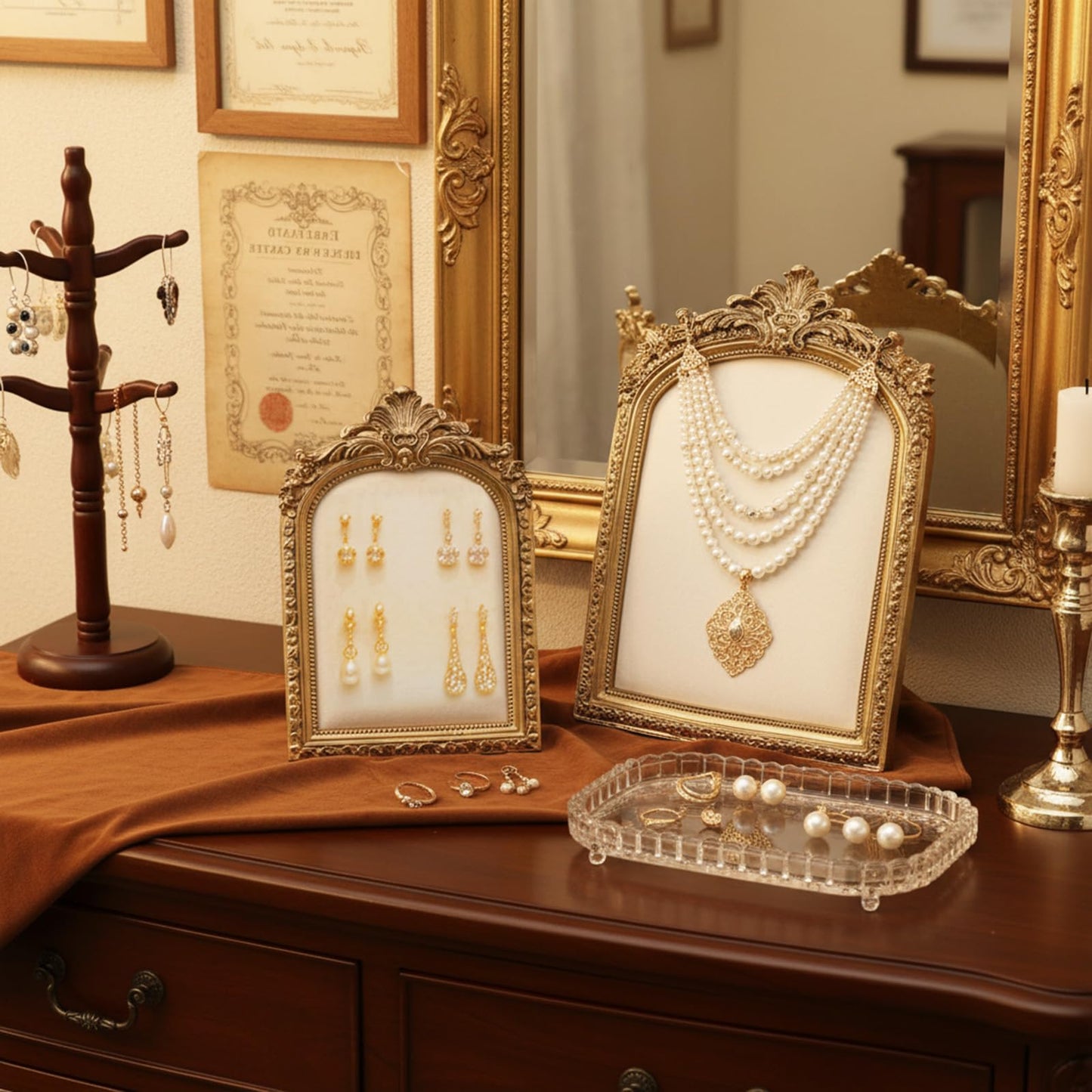 AOZUO 2 Pcs Gold Resin Jewelry Display Stand with Velvet Backing, Vintage Necklace Organizer Ring Holder Earring Holder Jewelry Photography Props Frame for Women Wedding Gifts
