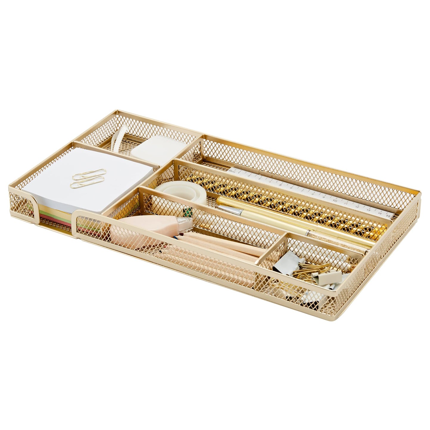 Annova Desk Drawer Organizer Tray for Office Organization - Metal Mesh - Storage Tray with Dividers for Pens, Desktop Accessories, Bathroom, Kitchen, Makeup and Office Supplies (Small, Gold)