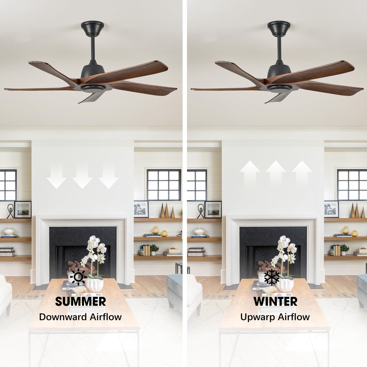 LVYEAYOU 52 Inch Solid Wood Ceiling Fan No Lights, Remote and APP Control, DC Motor, 6-speed Reversible, for Bedroom, Living Room, Office, Dark Walnut