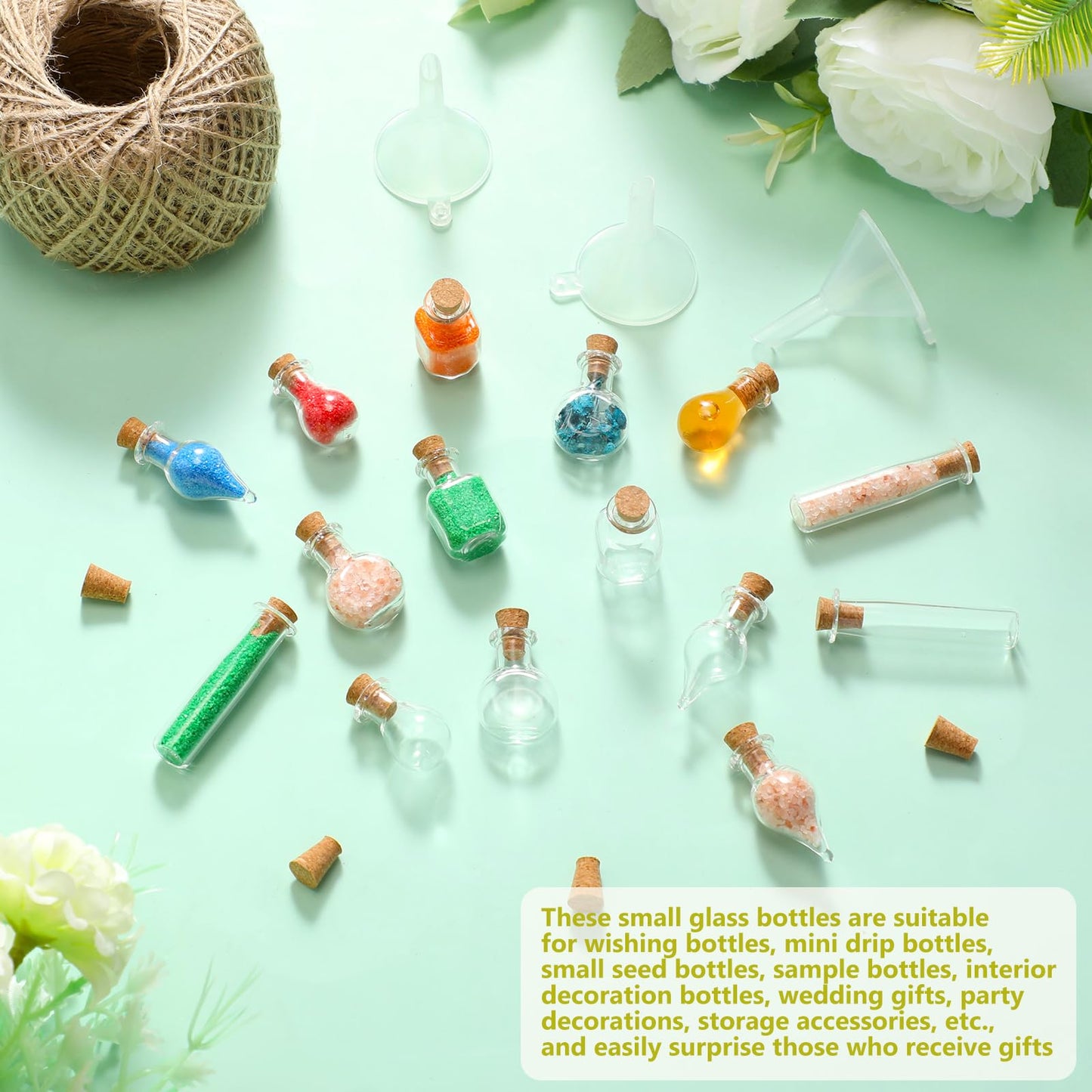 Honeydak 100 Pcs Small Mini Glass Bottles Jars with Cork Stopper Set Potion Bottle Tiny Refillable Wishing Bottles Drifting Bottle with Eye Screw Funnel Rope for DIY Bead Containers, 5 Shapes