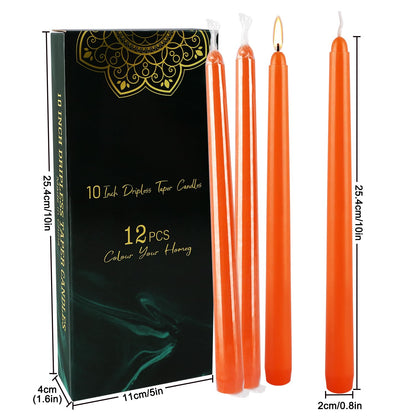 12-Pack 10-Inch Orange Taper Candles - Cotton Core, Clean Burning unscented, Drip-Free & Smokeless, Elegant Conical Design for Halloween, Weddings & Family Celebrations