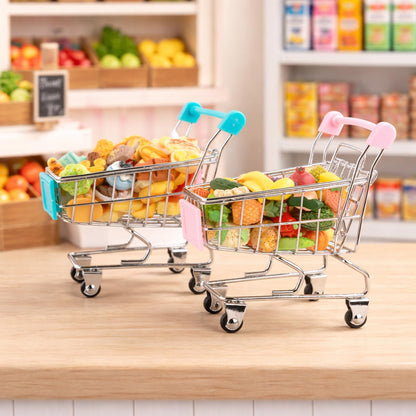 Mini Shopping Cart Basket, Miniature Grocery Toys 3 Supermarket Shelves Play Store 100+ Fruit Vegetable Cake Bread Mini Food Miniature Dollhouse Accessories with Push Cart