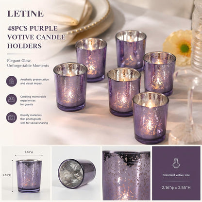 LETINE 48pcs Purple Votive Candle Holders – Glass Tea Light Candles Holder, Standard Votive Size for Regular Votive Candles & Wax Tea Light – Bulk Candle Holder for Party Decoration, Bridal Shower