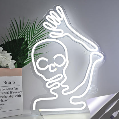 Britrio Skull Halloween Decoration LED Neon Sign Skeleton Wall Art Decor Light for Window Entryway Front Porch Door Bedroom Home Party Supply Kids Gift Cold White 5V Powered by Usb