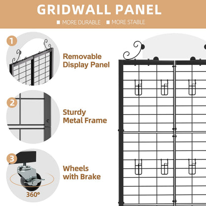 Urban Deco Grid Wall Panel Display Stand, 2.2' x 6.2' FT Gridwall Panel with Extra 8 Hooks, Craft Show Display Rack Black Metal Grids Standing Wire Rack for Retail Merchandise
