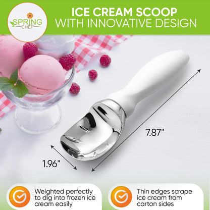 Spring Chef White Commercial Ice Cream Scoop with Comfortable Handle - Heavy Duty Metal Ice Cream Scooper for Frozen Yogurt, Gelato, Sorbet, Melon, Sundae - Dishwasher Safe Kitchen Tool