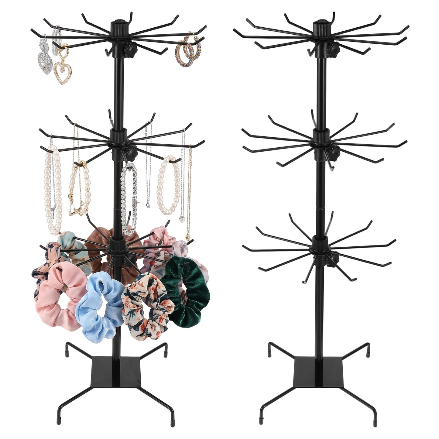 QFGasre 2 Pcs Rotating Jewelry Display Stand, Black Metal Display Rack with Hooks 3 Tier Multipurpose Accessory Jewelry Stand for Necklace Bracelet Earring