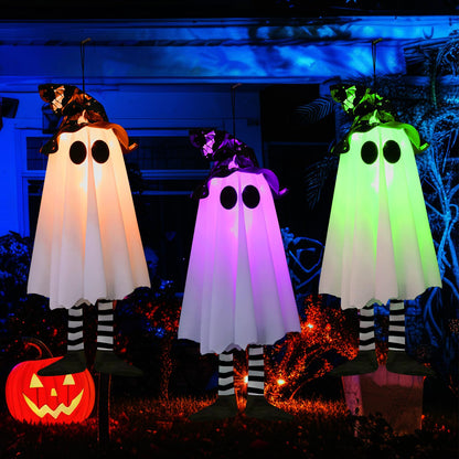 3 Pack Halloween Hanging Ghosts Halloween Decorations Outdoor, Lighted Glowing Ghost Witch Hat with Orange Purple Green Lights, Ghost Scary Outside Decor for Party Home Yard Tree Garden