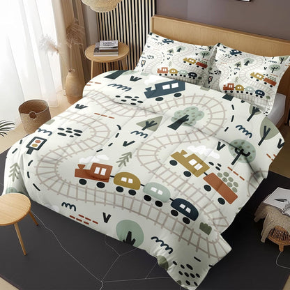 Set Cozy Set Comforter with Pillowcase Twin Size, Cute Forest Car Train City Map, Bedding Decor Funny Nursery Cartoon