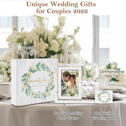 PIKPEOD Wedding Gifts for Couples 2026, Engagement Gifts for Couples, Personalized Mr and Mrs Wedding Gift for Newlyweds, Bridal Shower Gift for Bride to Be, Rotating Floating Wedding Picture Frame 4x6