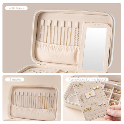 Lolalet Travel Jewelry Case for Women Girls, Travel Jewelry Organizer Box with Mirror & Clear Storage Bag, Small Portable Earring Necklace Bracelet Ring Case, Birthday Valentine Gifts -Medium, White
