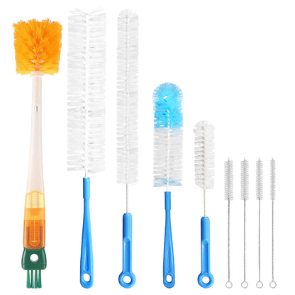 9Pcs Bottle Cleaning Brush Set with Long Handle, Nylon Tube Brush Cup Cleaner, Straw Brushes for Washing Narrow Neck Water Bottle Pipes Kettle Spout Cleaning