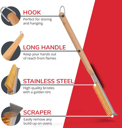 22 Senwosa Pizza Oven Brush with Stone Scraper - Heat Resistant Stainless Steel Bristles, Extra Long Handle - Universal