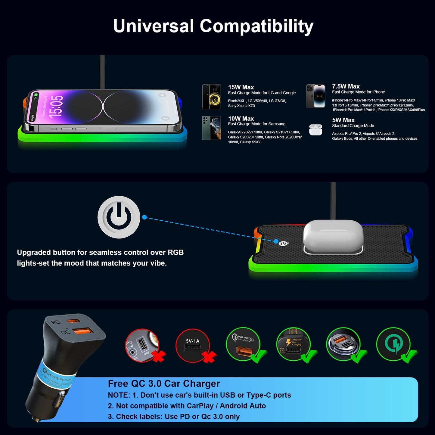 Wireless Car Charger Pad, REESTECQI 15W RGB Wireless Charger for Car Type C Non Slip Charging Pad for Car Compatible with Airpods iPhone 16/15/14/13/12,Samsung Google (30CM Cable)