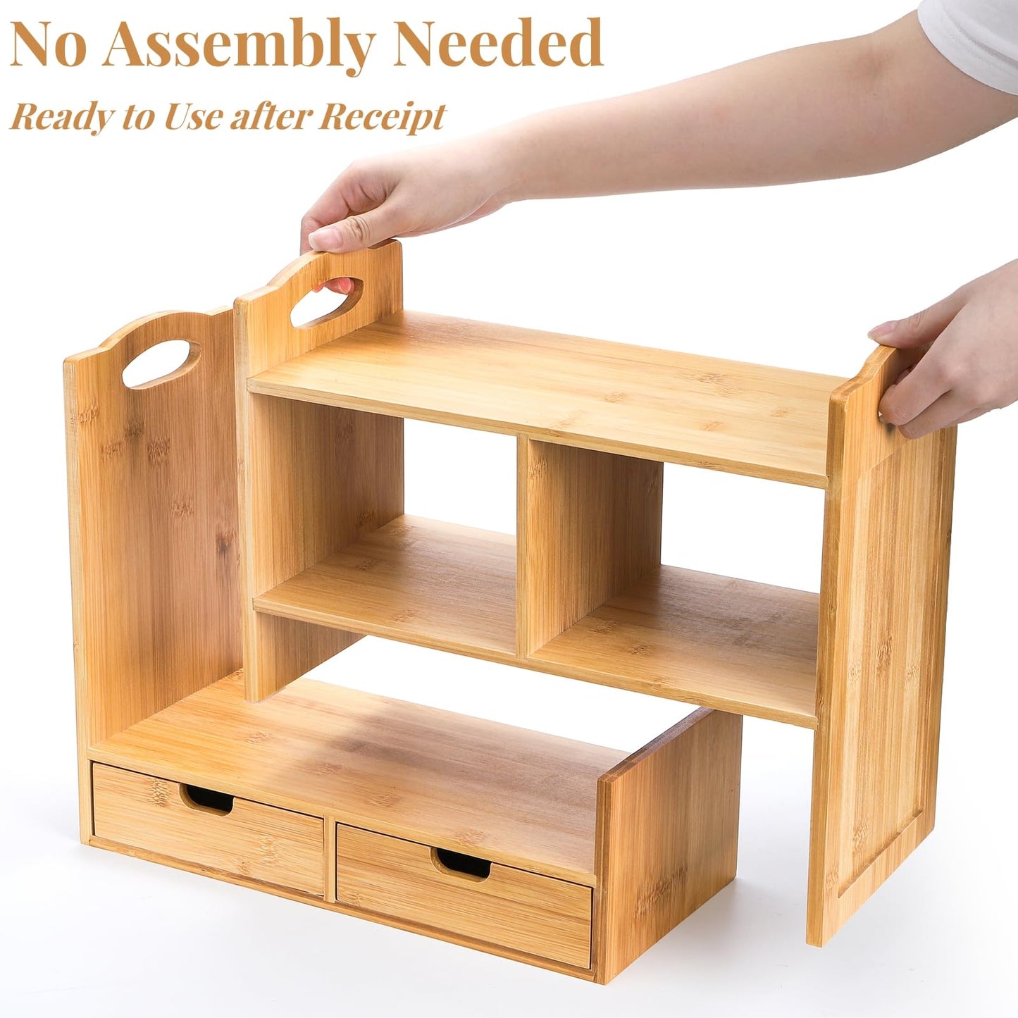 Eorbow Bamboo Desktop Bookshelf, Expandable Counter Bookcase, Storage Shelves Rack Organizer with Anti-Slip Pads, Cute Small Desk Display Cubby Top for Office Supplies, No Assembly Needed