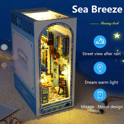 Roroom DIY Book Nook Kit, DIY Dollhouse Booknook Bookshelf Insert Decor Alley,3D Wooden Puzzle with Book Nook Bookshelf Insert Wood Bookend Model Building (Sea Breeze-TC18)