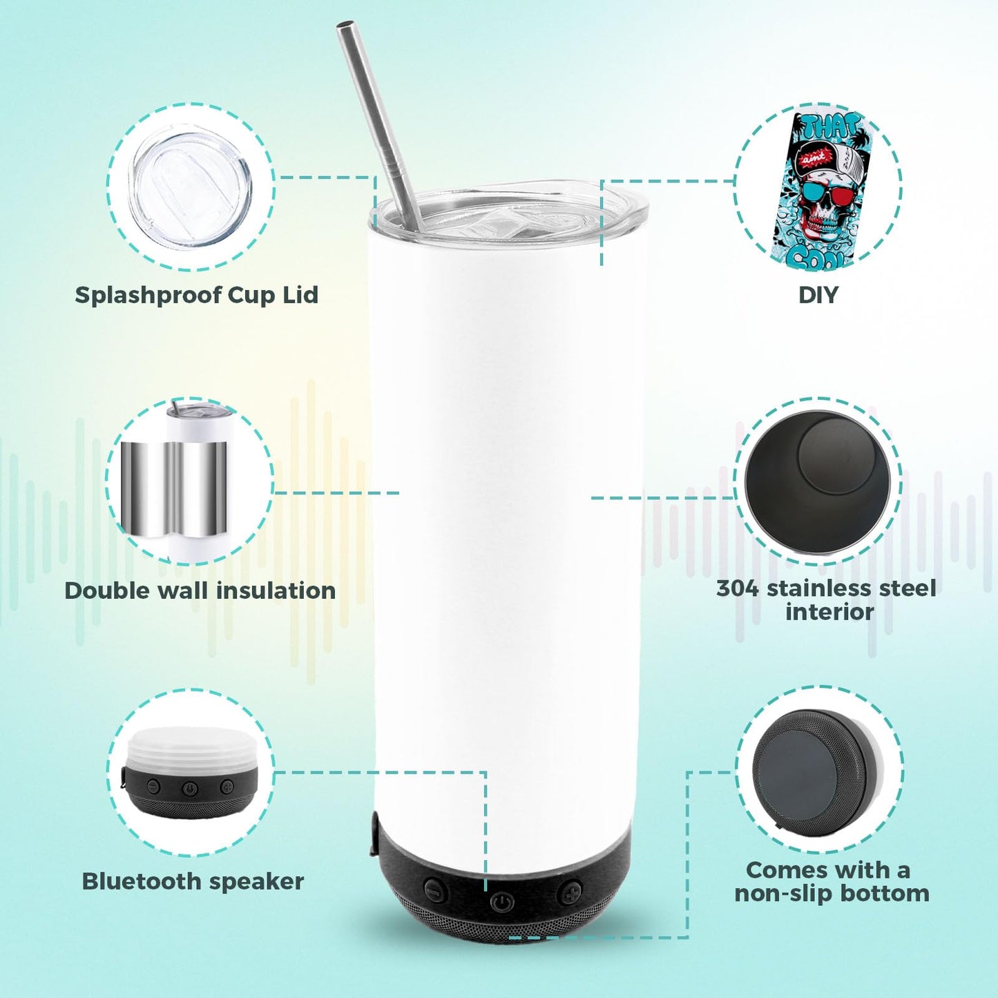 ZREGGUR 20oz 1pack sublimation Music Speaker Tumbler Blank Bulk Black with Glow Green,Straight music mug with straw, lid, straw brush,Reusable Travel Coffee Mug For Men and Women