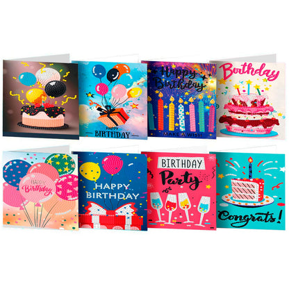 ACSAUMMY Diamond Art Painting Happy Birthday Cards, 8 Packs DIY 5D Diamond Greeting Cards Kits for Adults Diamond Art Birthday Cards with Envelopes Birthday Gifts for Families, Friends, Partners