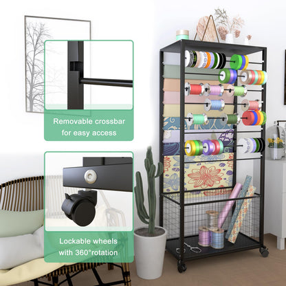 FWTXZTER 16 Tier Ribbon Organizer Rack, Double-Sided Ribbon Storage Holder for Craft Room, Floral Wrapping Paper Stand with Wheels, Rolling Ribbon Spool Racks Metal Display Shelf Sewing Station Cart