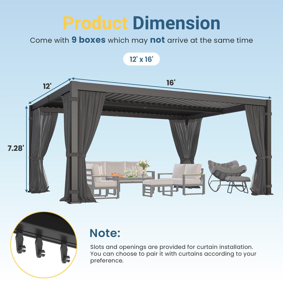 12' x 16' Louvered Pergola, Metal Outdoor Pergola with Adjustable Louvered Roof, Curtains & Netting, Gutter System, Hardtop Patio Gazebo for Patio, Deck, Garden, Yard, Dark Gray