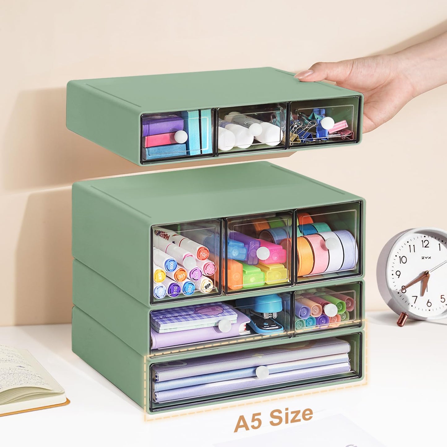 FODIENS Desk Storage Organizer with 9 Drawers, 4 Tiers Stackable Desktop Craft Storage Drawers, Clear Storage Box Caddy for Stationary Makeup Jewelry Office Craft Supplies (Green)