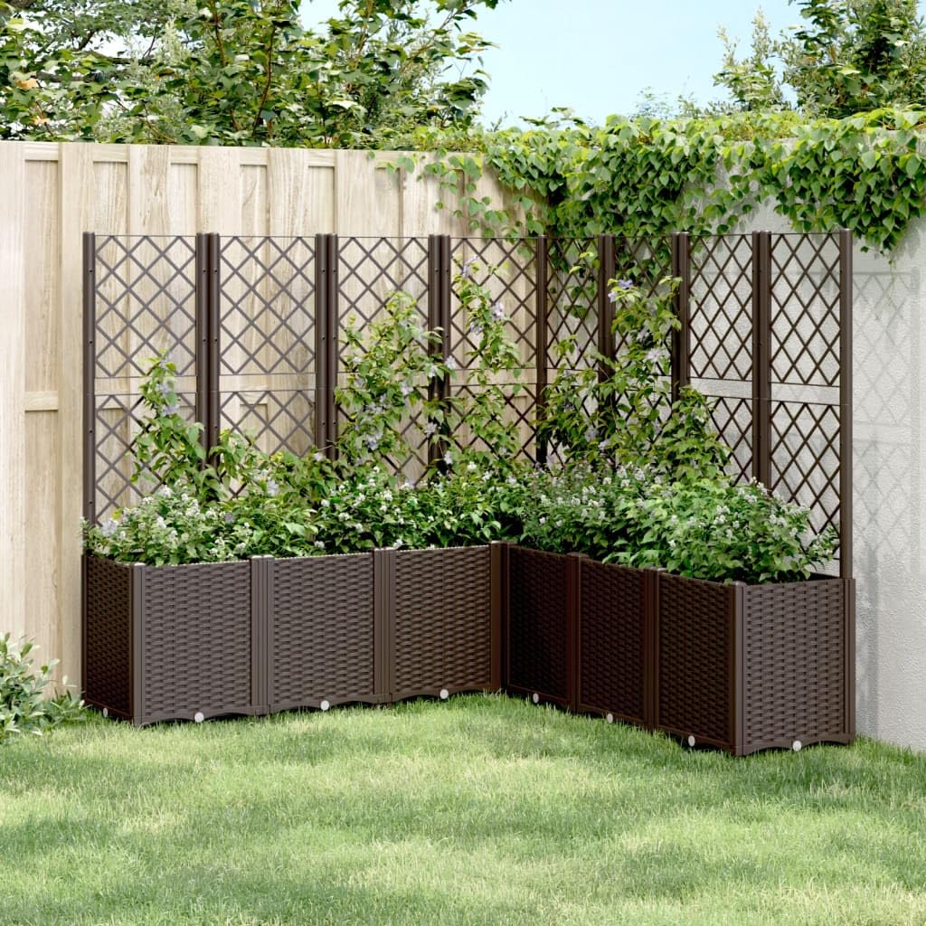 Xolmizyn Modular Garden Planter with Trellis, 63 x 63 x 55 Inch Large Outdoor Raised Bed for Climbing Plants, Weather Resistant Synthetic Polypropylene Plant Box, Brown