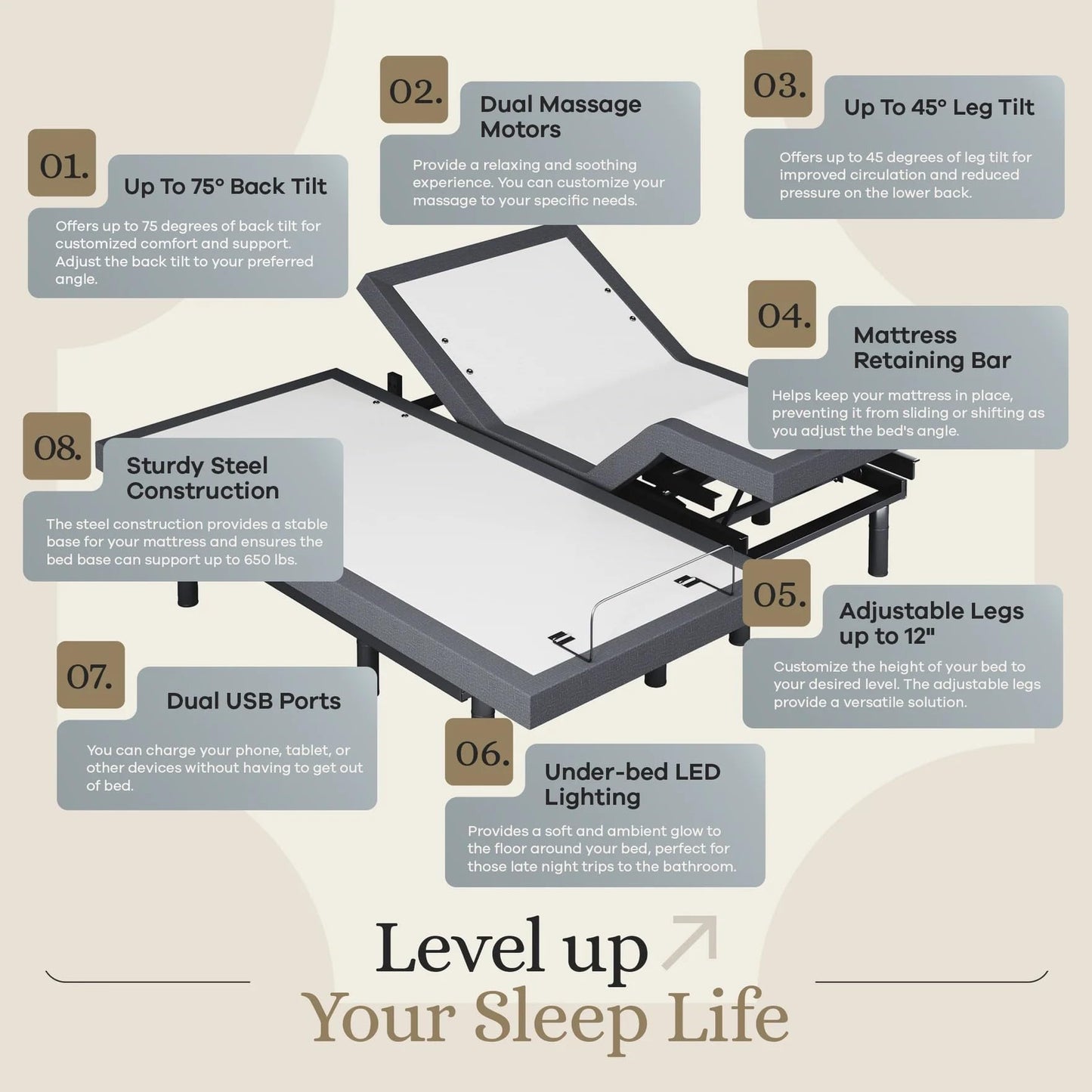 Sven & Son Classic Adjustable Bed Base, Head and Foot Lift, Massage, Under-Bed Lights, USB, Memory, Zero Gravity Smart Frame - Split California King