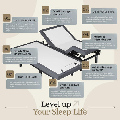 Sven & Son Classic Adjustable Bed Base, Head and Foot Lift, Massage, Under-Bed Lights, USB, Memory, Zero Gravity Smart Frame - Split California King