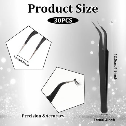 30Pcs Stainless Steel Craft Tweezers 4.9Inch Curved Pointed Tweezers with Protective Cover, Multipurpose High Precision Tweezer for Craft Sewing Stickers Eyelash Jewelry Making(Black)