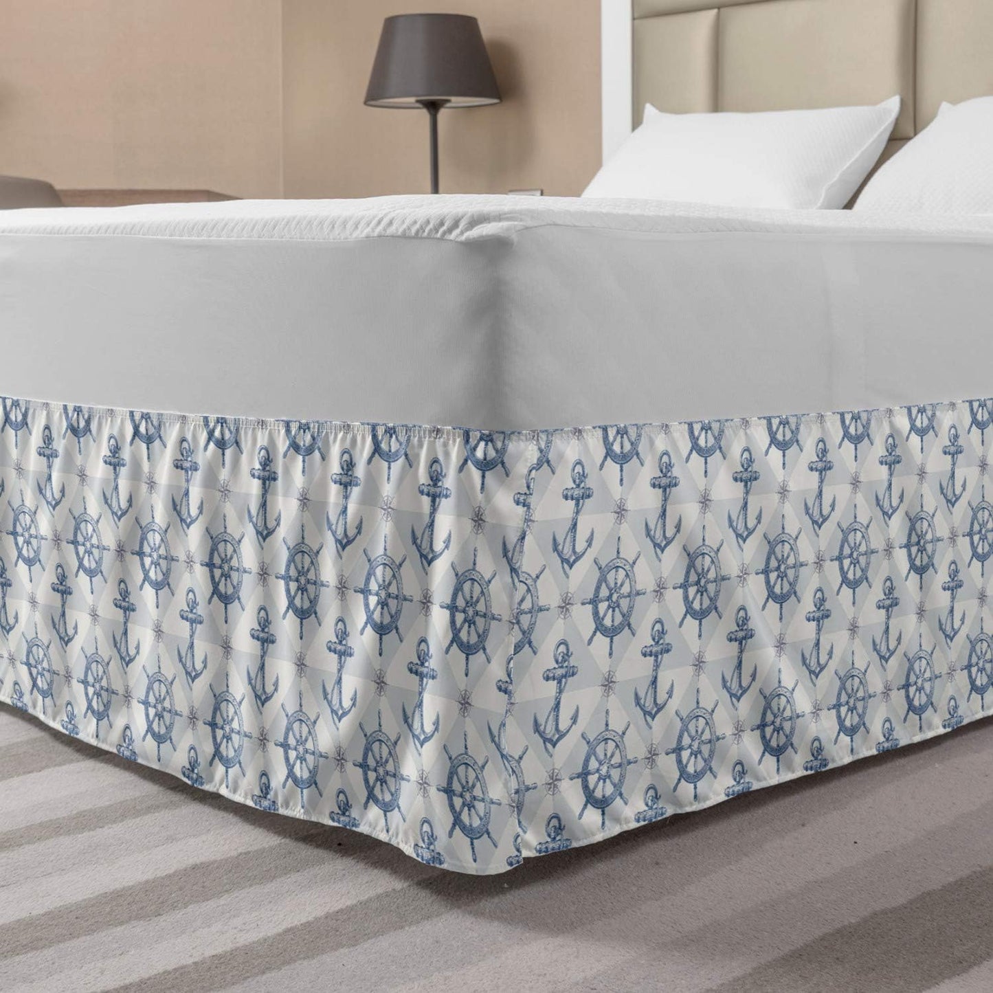 Lunarable Nautical Elastic Bed Skirt, Hand Drawn Compass Anchor Design, King Size, Grey Blue