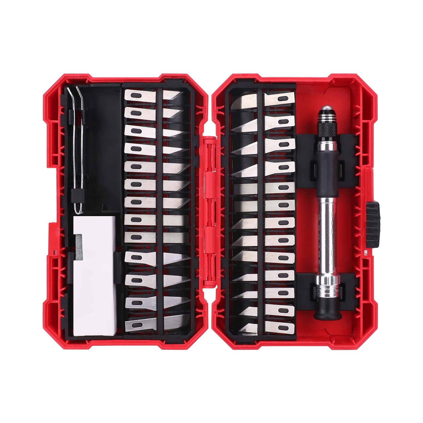 Amazon Basics 29-Piece Precision Hobby Knife Set with Razor-Sharp Blades, Modeling Tools, Anti-Slip Rubber Grip, Black, Silver, Red