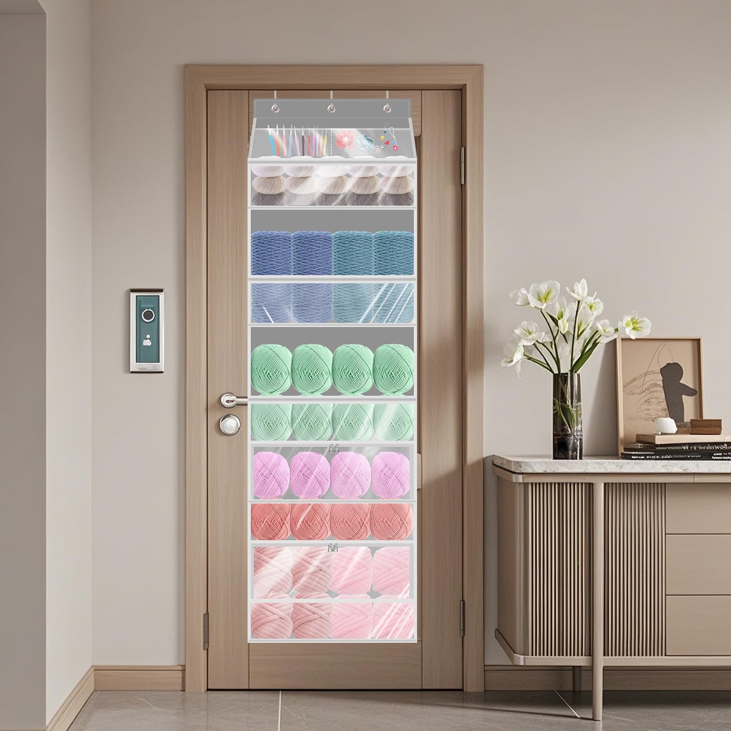 Mdoker Hanging Yarn Storage Organizer with Zippered Closure Compartments Large Capacity Crochet Storage Organizer,Transparent Over the Door Hanging Bag for Knitting Supplies
