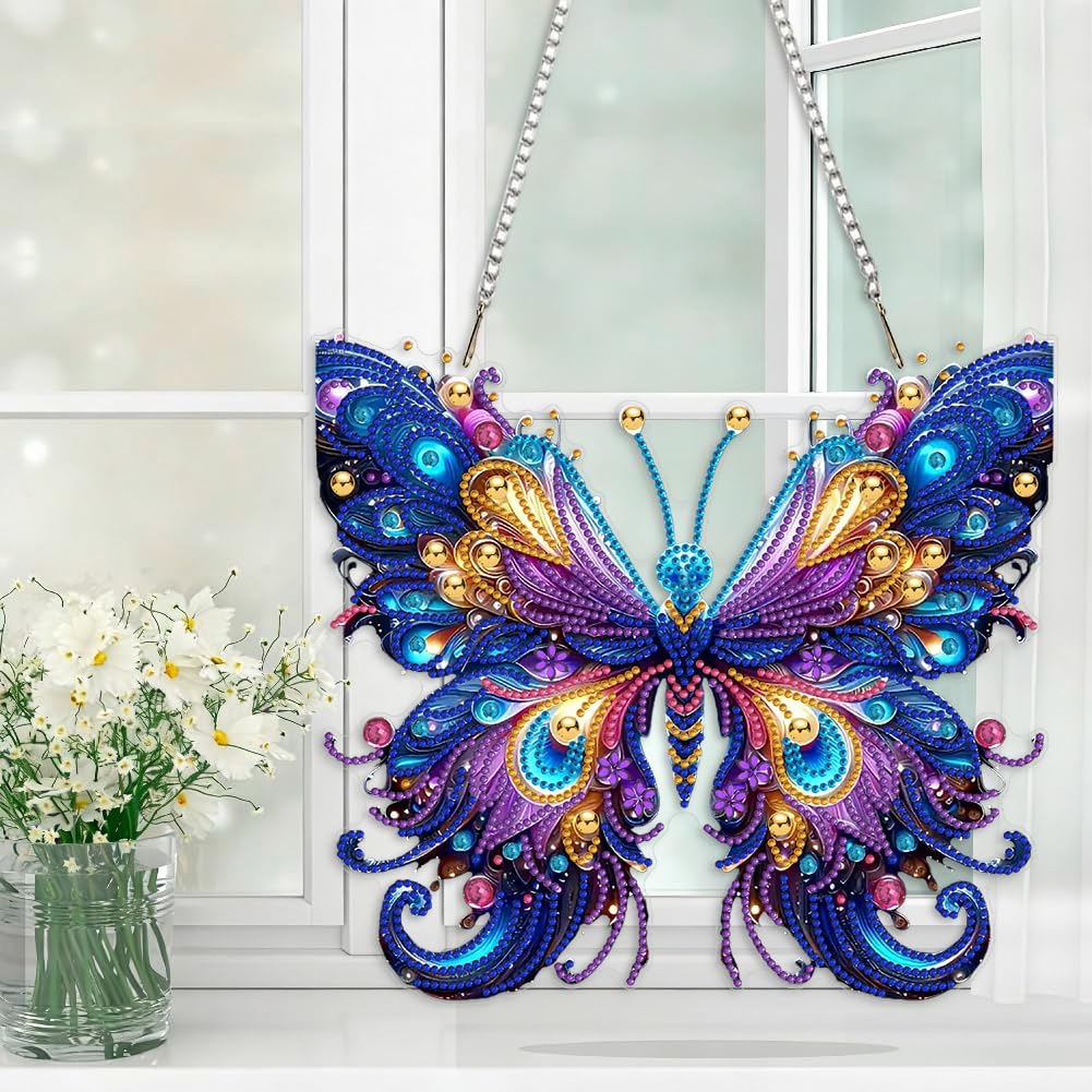 Butterfly Hanging Diamond Art Kits for Adults Pendant Butterfly, Special Shaped Crystal DIY Diamond Painting Kit, Acrylic Board Flower Pendants Double Sided, Home Decor