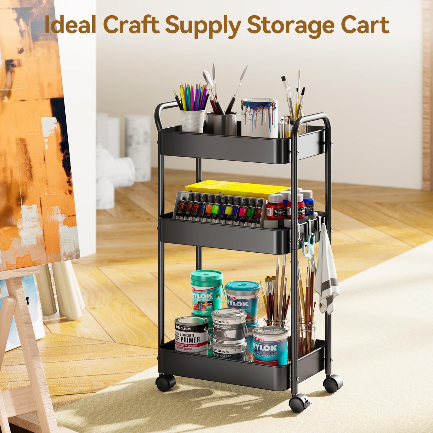 YASONIC 3-Tier Metal Rolling Cart, Sturdy Storage Utility Carts with Wheels, Multifunction Craft Art Organizer for Bedroom, Laundry, Garage, Office, Nursery, Bathroom, Easy Assembly (Black)