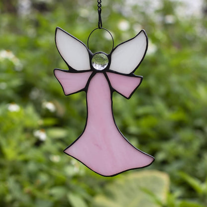 Pink Angel Stained Glass Window Hangings Tiffany Style Gift for Nurse, Memorial Remembrance Sympathy (6.3"×4.3")