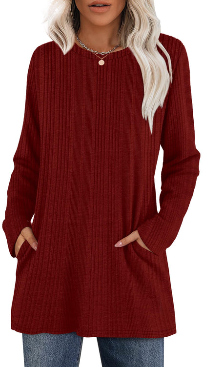 XIEERDUO Long Sleeve Shirts for Women Crewneck Tunic Tops Loose Fit Dressy Womens Sweaters with Pockets Fall Fashion 2025