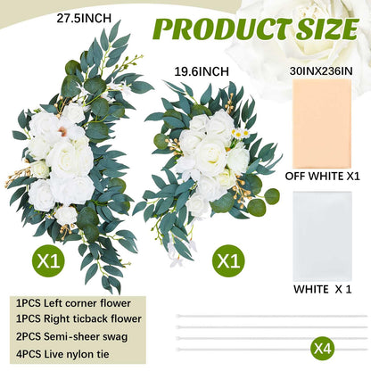Thiccywoov 4 Pcs Wedding Arch Flowers and Drape Kit Include 2 Artificial Floral Swag and 2 White Chiffon Drapes, Faux Flower Set for DIY Wedding Party Reception Ceremony Backdrop Rose Decoration