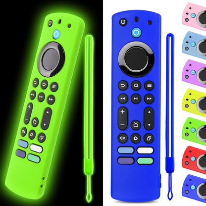 OneBom (2pcs) Silicone Remote Cover for Firetv 4K Max (2nd)/ Insignia/Pioneer/Omni (QLED) Series Alexa Voice Remote Enhanced w, Anti-Slip Protective Case with Same Color Lanyard(Glow Purple&Glow Blue)