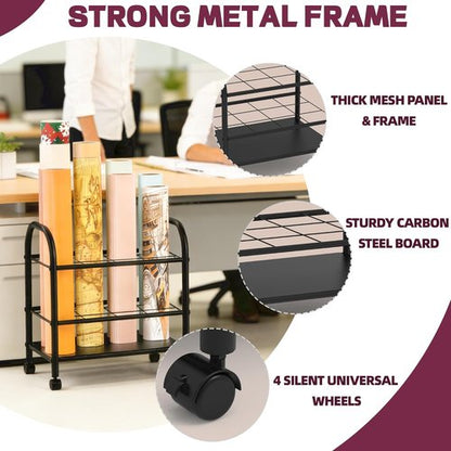 Blueprint Storage Holder with Wheels - 12-Slot Metal Roll File Rack with Silent Casters for Easy Mobility | Black
