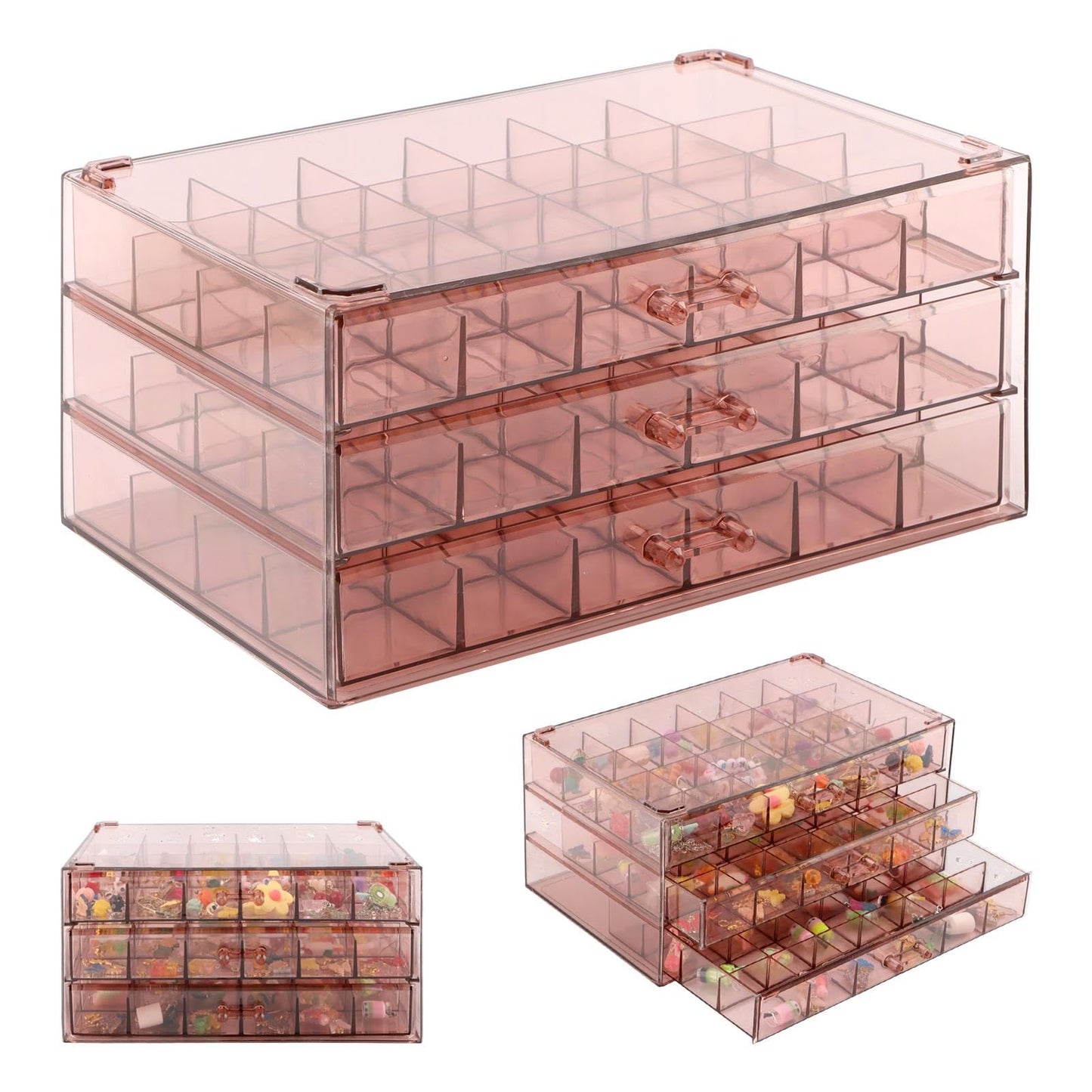 Meluvora Jewelry Organizer, Earring Holder Organizer Box with 3 Layers, 72 Grids Earring Case, Craft Storage Containers for Nail Charms, Ring, Earrings(Tan)