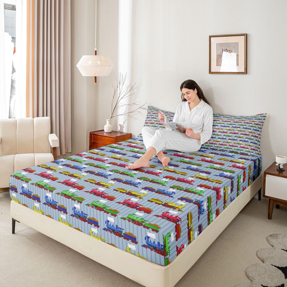 Set 1 Train Bedding Twin,Construction Train Bed Sheets Colorful Cartoon Smoking Steam Engine Fitted Bed Sheet for Kids
