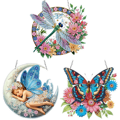 C'eitura 3Pcs 5D DIY Acrylic Fairy Dragonfly Butterfly Diamond Art Painting Hanging Pendants,Double-Sided Rhinestone Crystal Craft for Garden, Window, and Home Decor