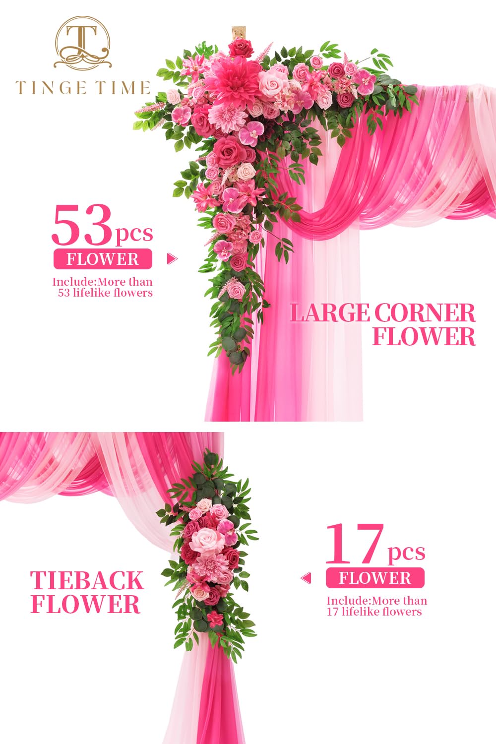 TINGE TIME Wedding Arch Flowers Kit - Deluxe 5pcs Artificial Floral Swag with 3 Sheer Drapes, Realistic Silk Flower Arrangements for Wedding Ceremony Arbor Backdrop Reception Party Home Decor