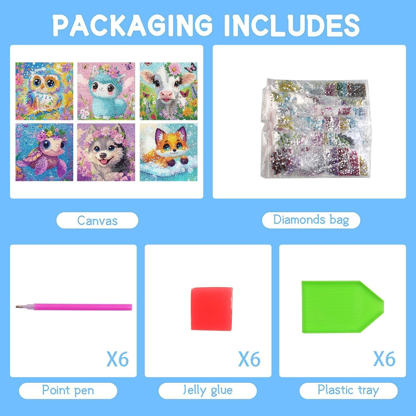 VividMeng 6 Pack Diamond Painting Kits for Kids Beginners, Cute Animals Diamond Art for Kids Ages 6-8-9-10-12 Girls Boys, Full Round Drill DIY Big Gem Art for Home Wall Decor and Gift 6x6inch
