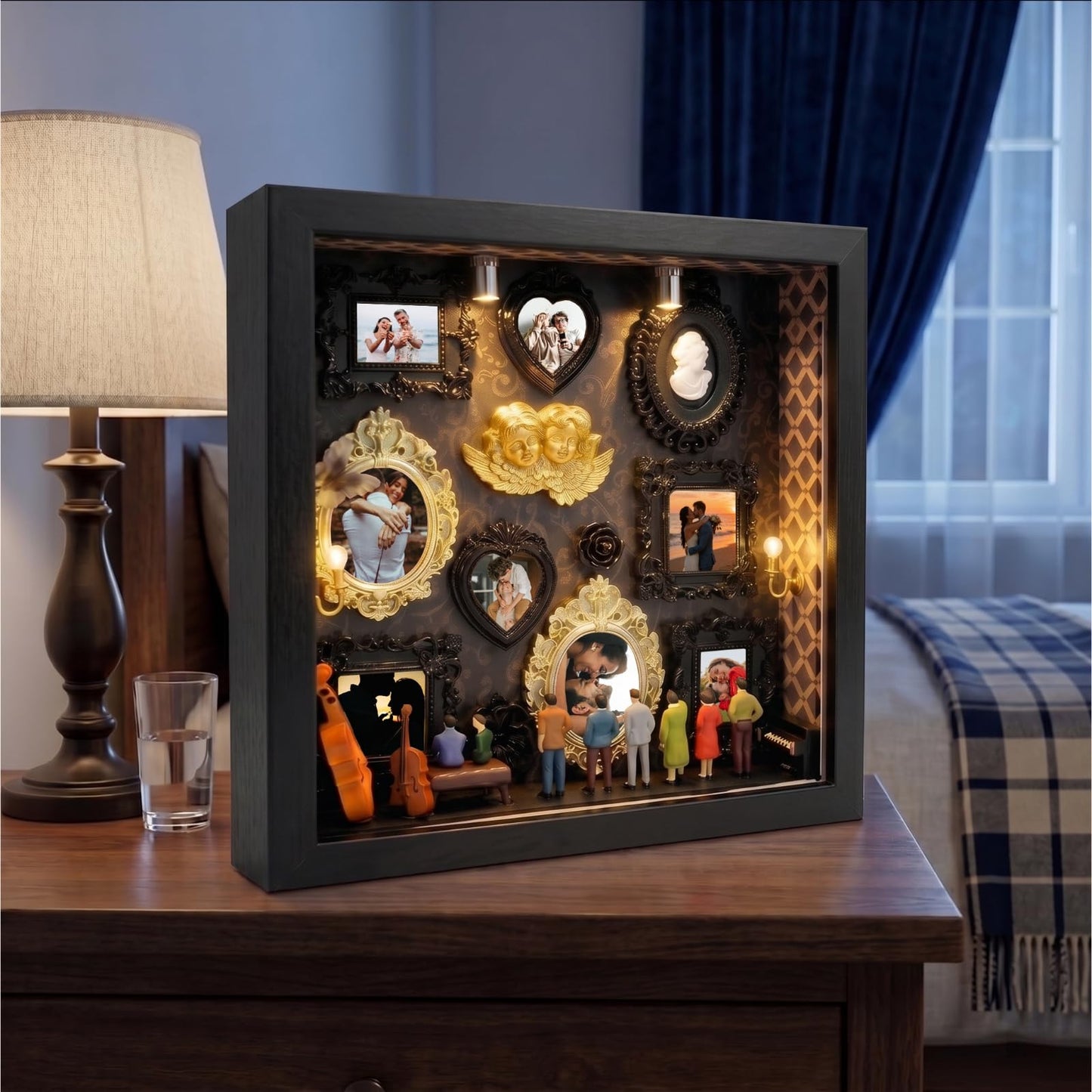 YXESO DIY Mini Museum Silhouette Box for Mother's Day, Shadow Box Frame with Gold Mini Picture Frames & People Figurines for Anniversary, Home Decor