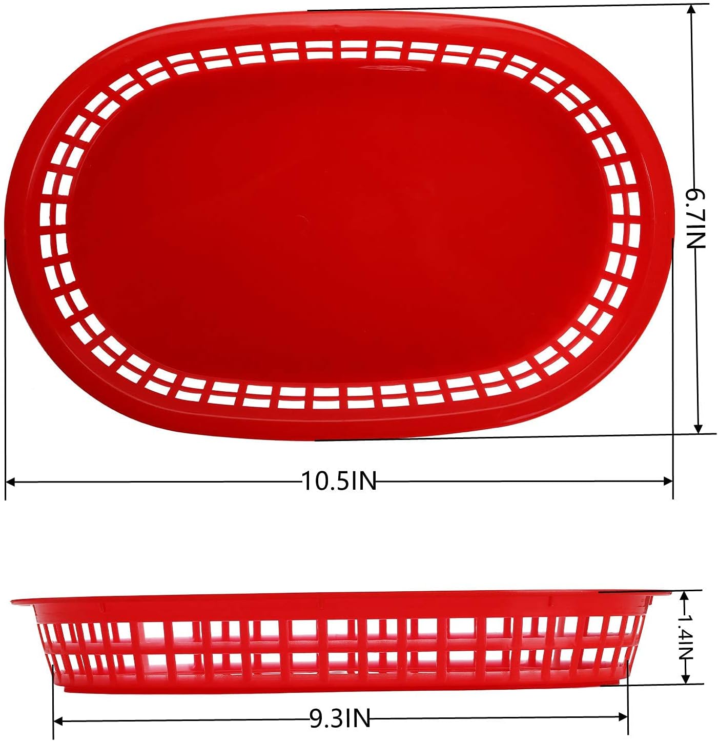 Cedilis 40 Pack Plastic Fast Food Baskets, 10.5 x 7 Inch Food Service Tray for Burgers, Hot Dogs, Fries (red)