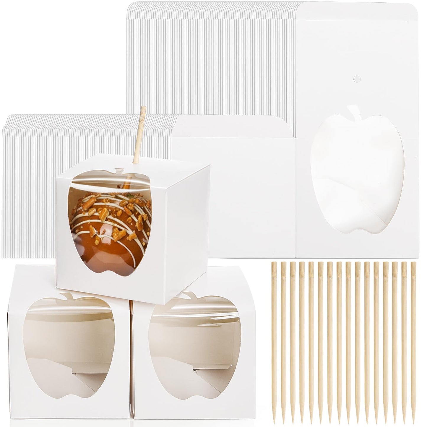 ZEAYEA 50 Pack 4"x 4"x 4" Candy Apple Boxes with Window and Sticks, Food Grade Caramel Apple Gift Boxes with Hole, Carboard Treat Favor Packaging for Halloween, Thanksgiving, Wedding, Party