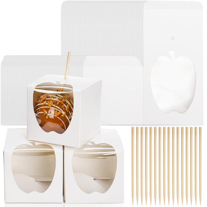 ZEAYEA 50 Pack 4"x 4"x 4" Candy Apple Boxes with Window and Sticks, Food Grade Caramel Apple Gift Boxes with Hole, Carboard Treat Favor Packaging for Halloween, Thanksgiving, Wedding, Party