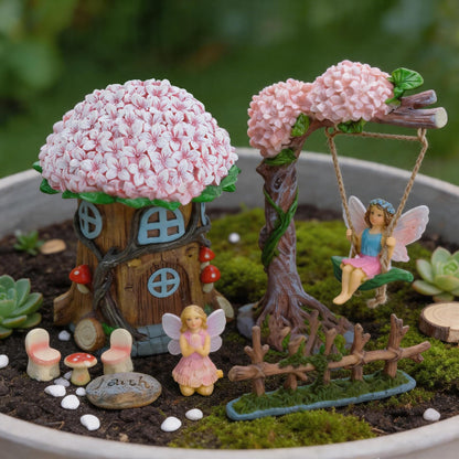 Landoraloria Miniature 8 Pcs Mini Garden Furniture, Fairy Garden Accessories Kit, Resin Figurines with Swing Set, Whimsical Theme, for Outdoor Patio, Yard, Lawn, or Desk