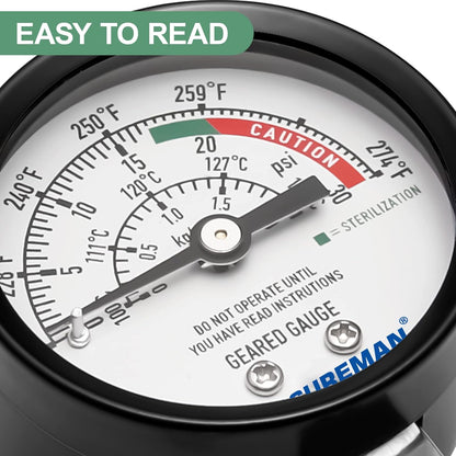 MEASUREMAN Black Steel Pressure Cooker Gauge, 2" Dial Pressure Canner Gauge, Lower Mount with Hexagon Gasket and Nut